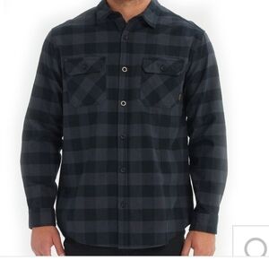 Burton Durable Goods Buffalo plaid flannel button-up shirt.
